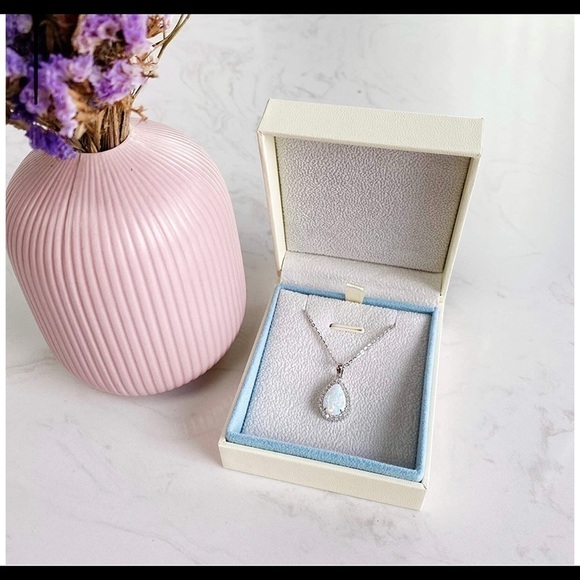 WHITE Opal Sterling Silver Necklace Cubic Zirconia - Picture 3 of 6